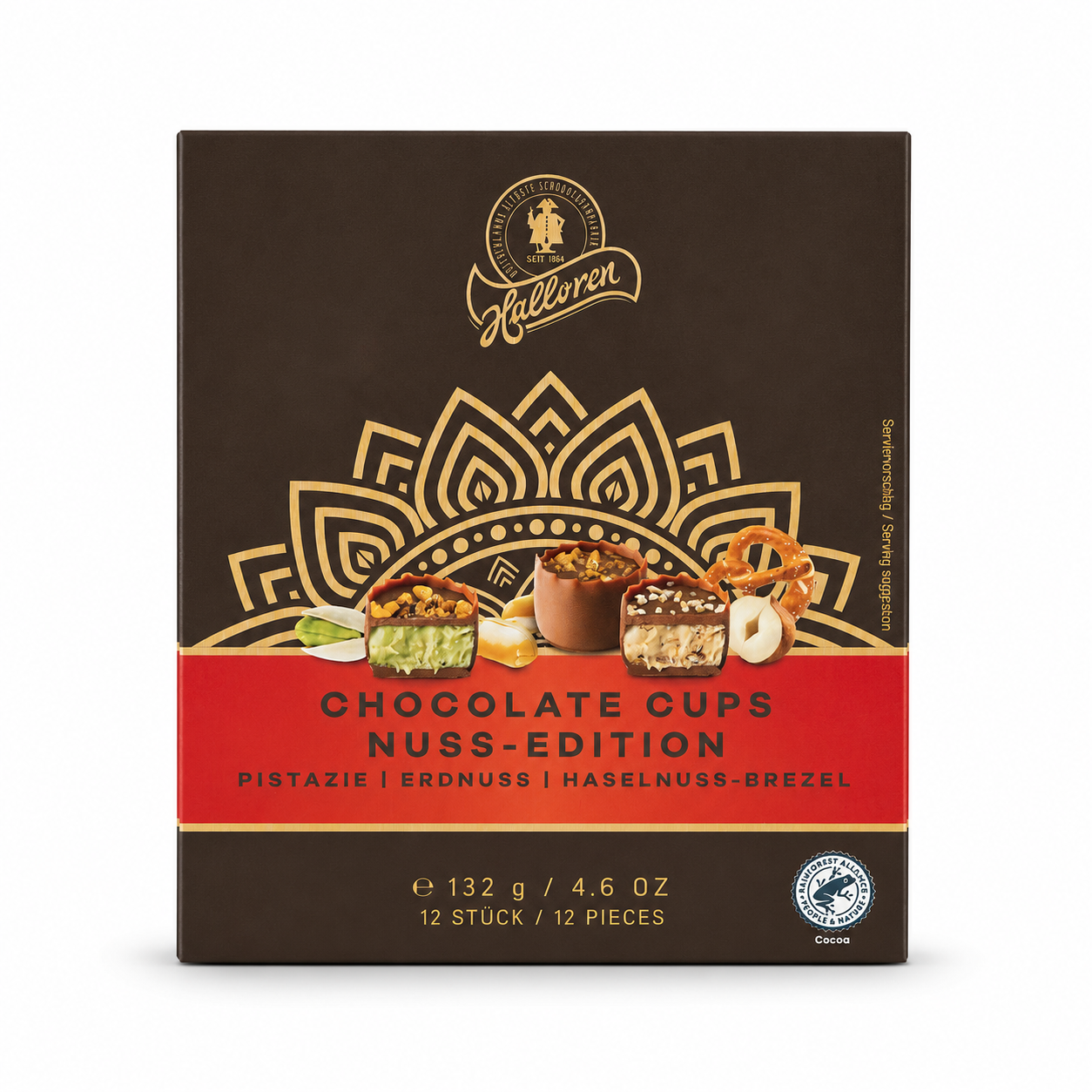 Schokoladen-Pralinen, Chocolade Cups, Notenfüllung, H সম্পর্কে?, 12 Stücke
